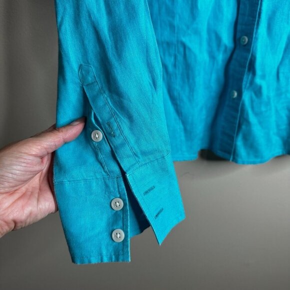 Hiho Designed in Tortola Button Up Top Womens Sz M Turquoise 100% Linen Coastal - Picture 4 of 11